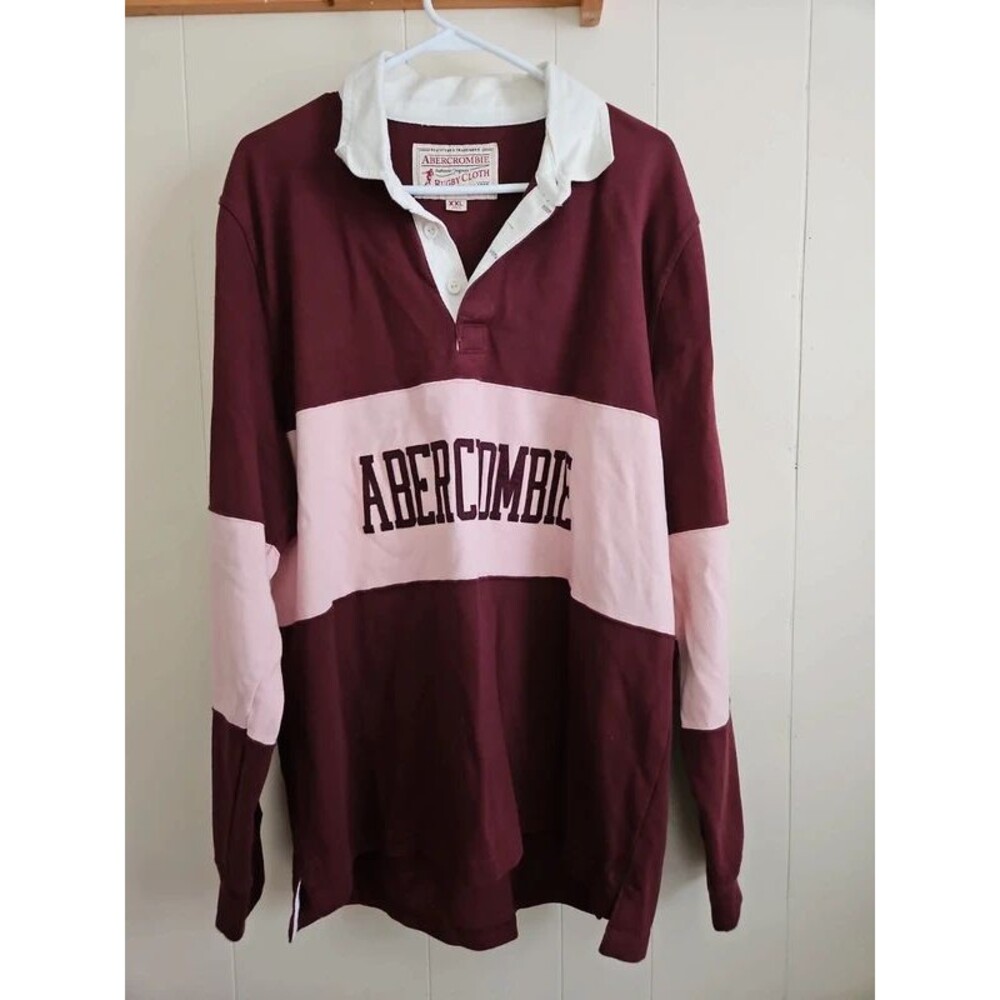 Abercrombie Rugby Cloth Mens Polo Long Sleeve Maroon Pink XXL